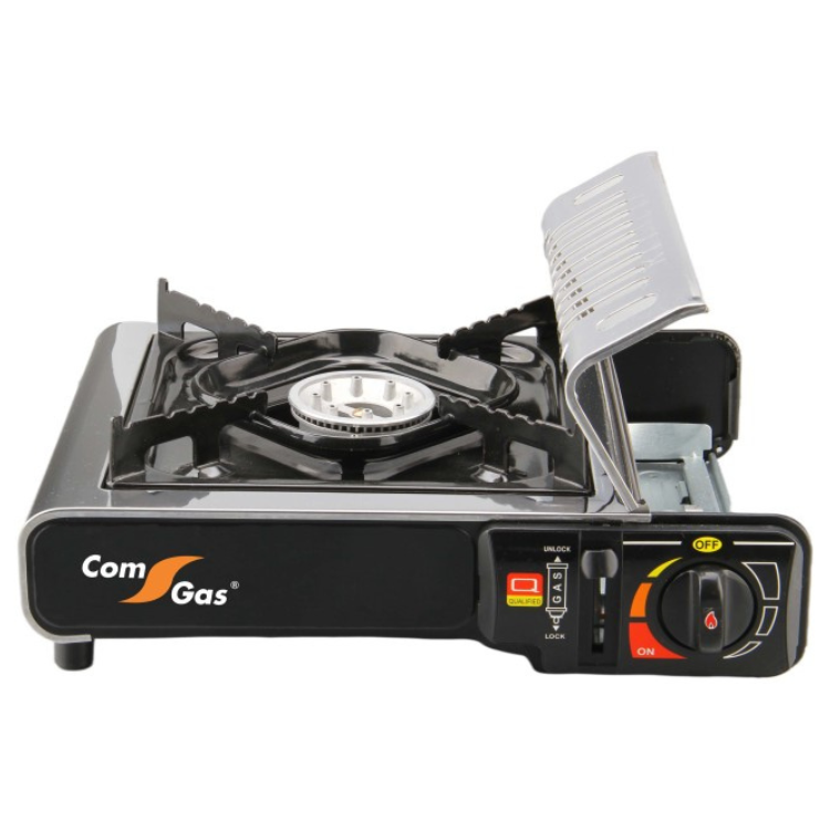 ComGas portable gas stove, black, 1 burner, control knob and logo visible.