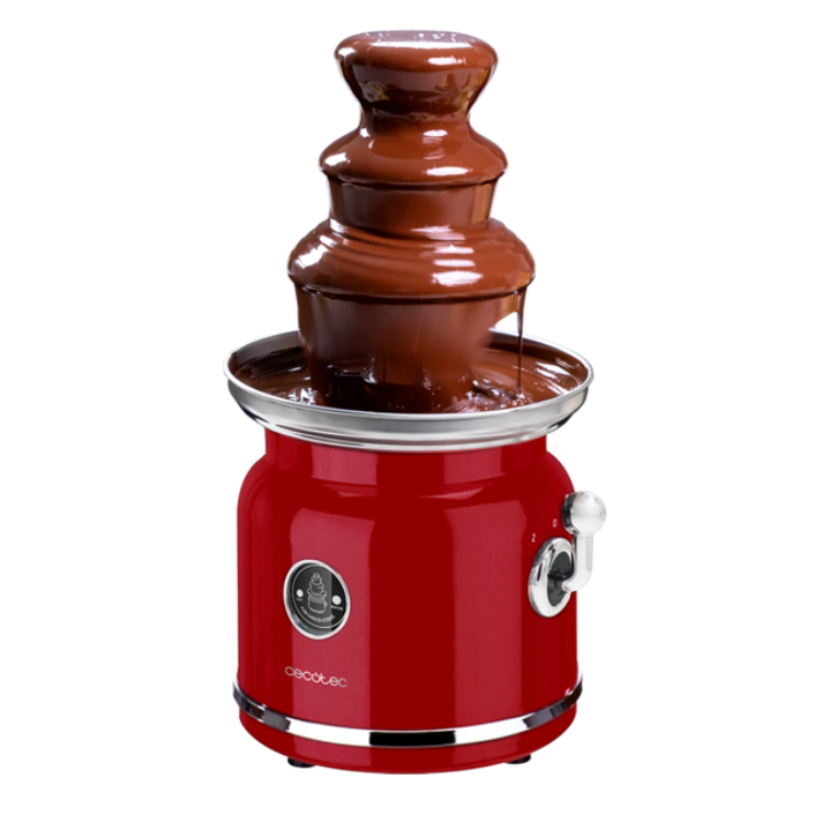 Red Cecotec chocolate fountain with silver accents and chocolate flowing down tiers.