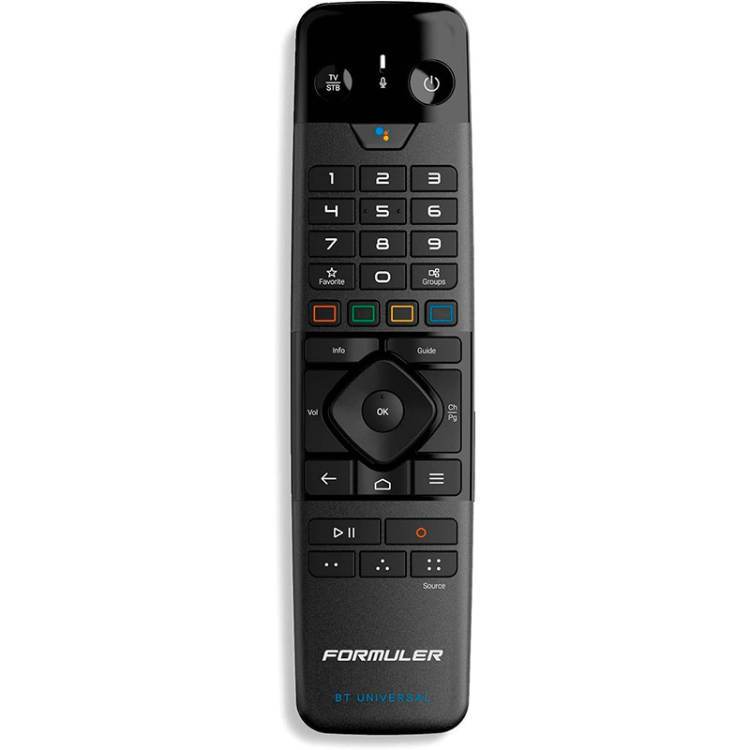 Black Formuler remote control with white and colored buttons.