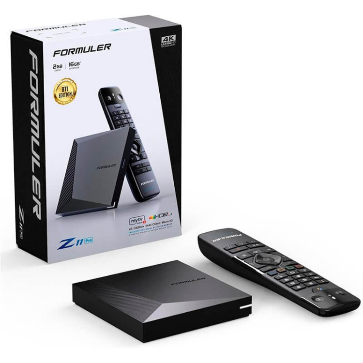 Formuler Z11 Pro BT1 MyTV Online 3 4K black media player, remote, and box.