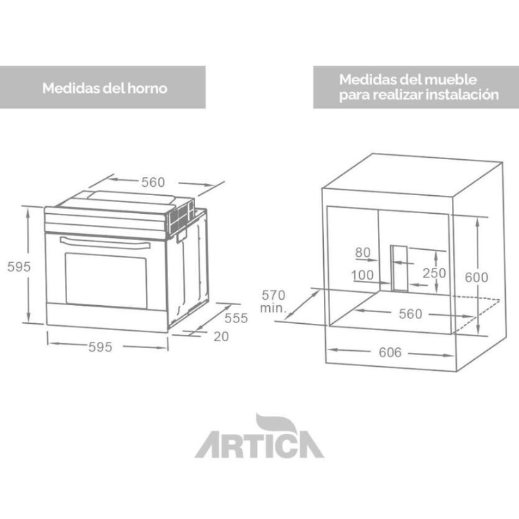 Forno de encastre Artica AHB7004X, dimensões do produto e do móvel para instalação.