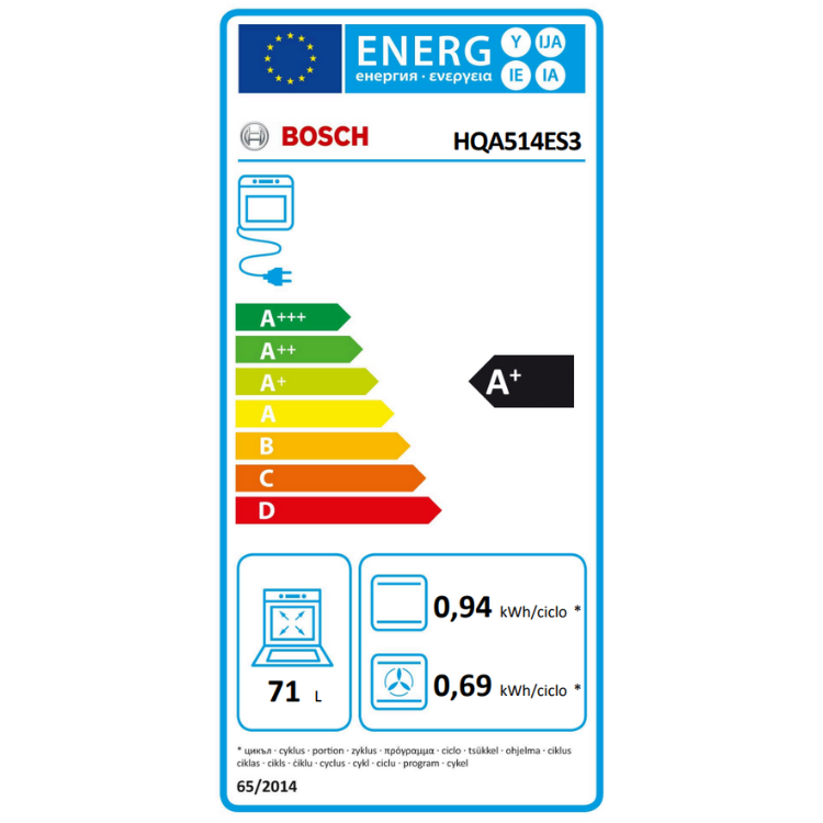 Etiqueta energética do forno BOSCH HQA514ES3, A+, 71L, consumo 0,94 e 0,69 kWh/ciclo.