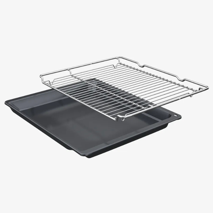 Bandeja de forno e grelha de aço inoxidável.