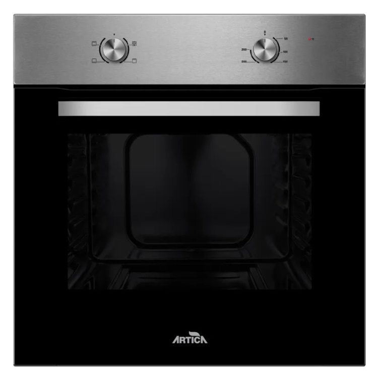 Forno de encastre Artica AHB7003X, 70L, preto, com painel de controlo cromado e janela de visualização.