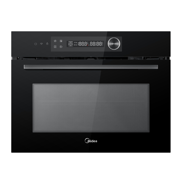 Forno multifunções Midea preto 50L com micro-ondas e painel digital.