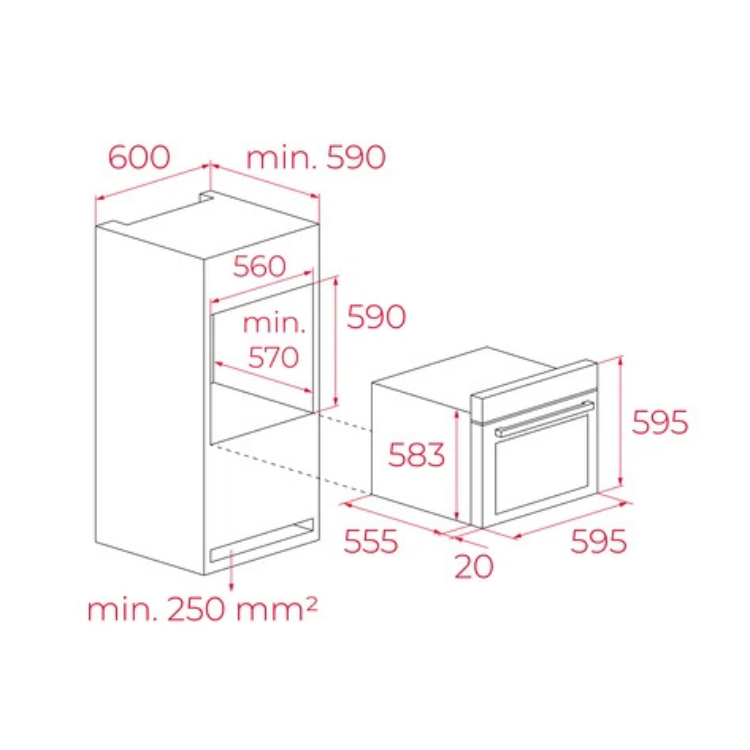 Forno Teka HCB6170SS, dimensões de instalação, medidas em milímetros.