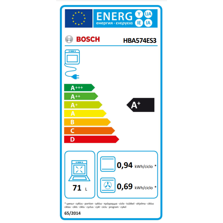 Etiqueta energética do forno Bosch HBA574ES3, eficiência A+, 71L.
