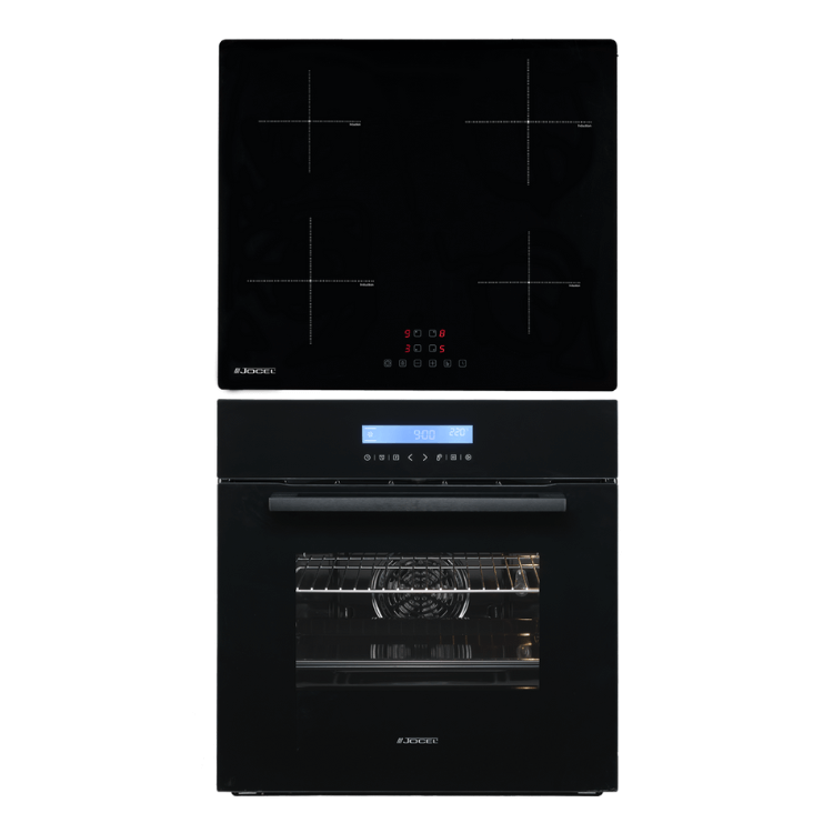 Placa de indução Jocel 60cm 4 zonas e forno elétrico 70L preto encastre.