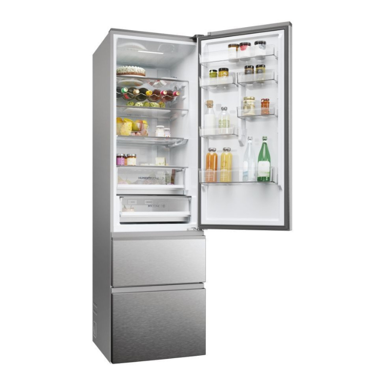 Haier silver French door fridge with doors open, showing stocked shelves.