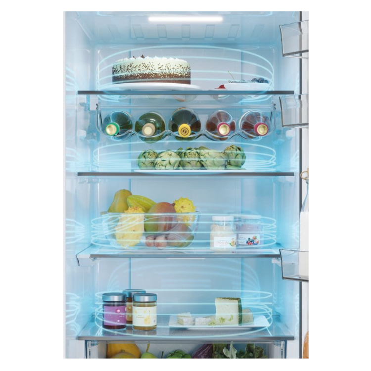 Haier fridge interior, 414L, E class, with food and drinks on shelves.