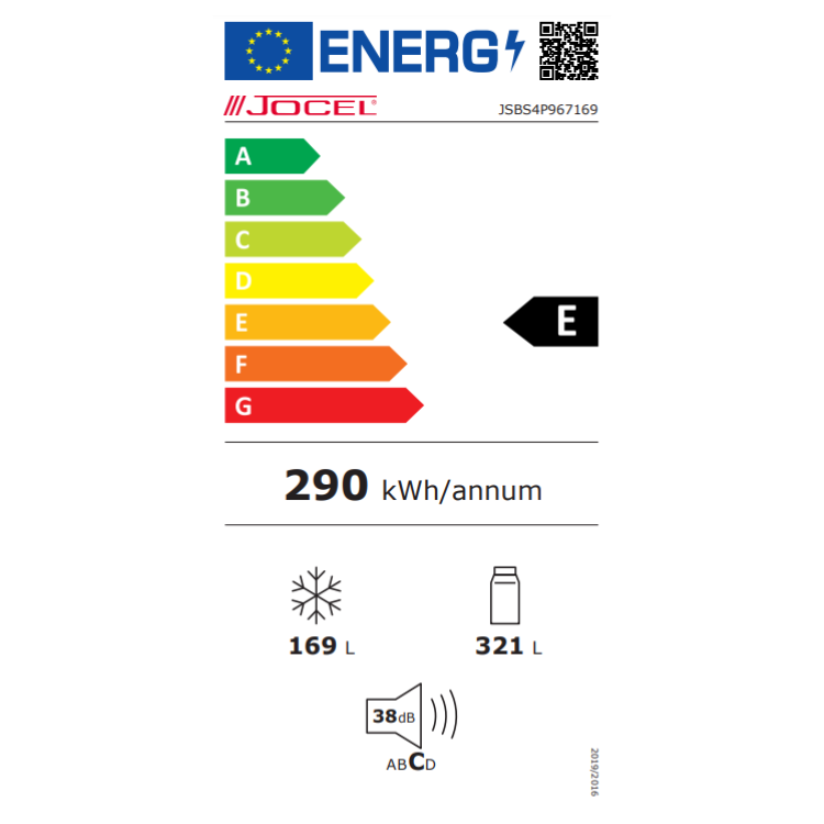 Etiqueta energética do frigorífico Jocel, eficiência E, 290 kWh/ano, capacidade 169L congelador, 321L refrigerador.