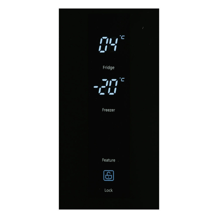 Painel de controle de frigorífico com temperaturas do frigorífico a 4 graus Celsius e do congelador a -20 graus Celsius, marca Jocel, com função de bloqueio.