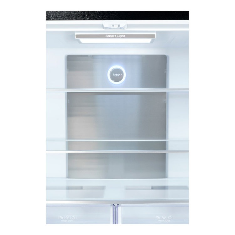 Interior de frigorífico americano Jocel 490L com zona fresca e gavetas.