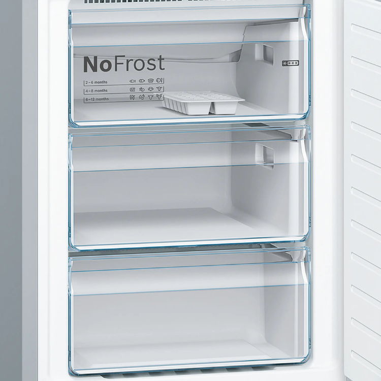 Bosch Serie 4 KGN39VIEB inox fridge freezer interior, empty, with NoFrost label.