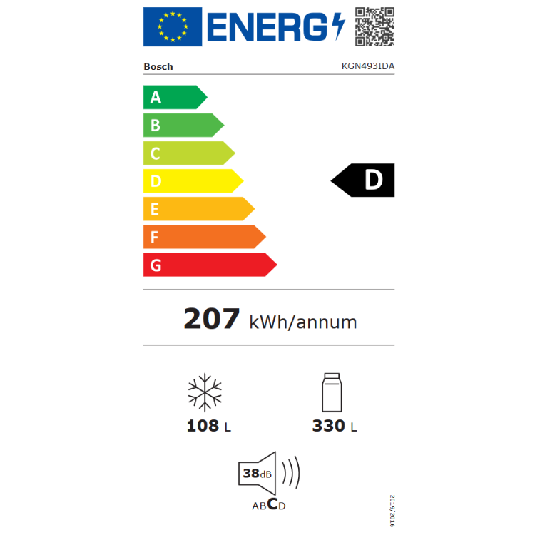 Bosch KGN493IDA energy label, D rating, 207 kWh/annum consumption.