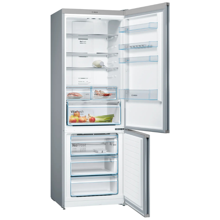 Open silver Bosch fridge with doors ajar, showing interior shelves and compartments.