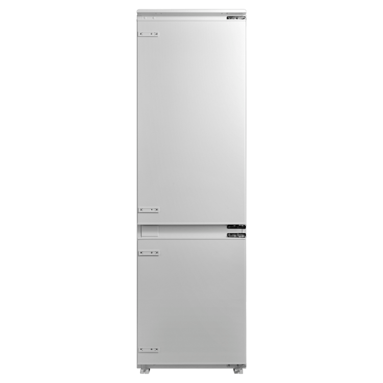 Jocel 248L stainless steel built-in fridge freezer, two-door, silver finish.