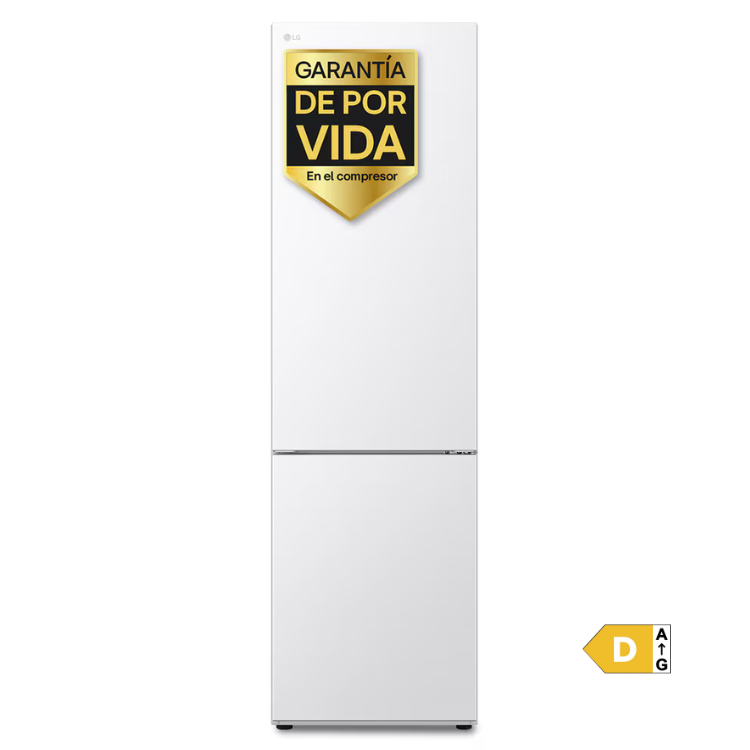 LG white 344L combi fridge, two-door, lifetime compressor warranty.