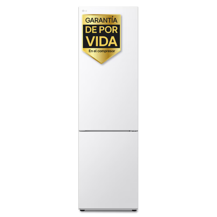 LG white 344L combi fridge, two-door, gold warranty badge.