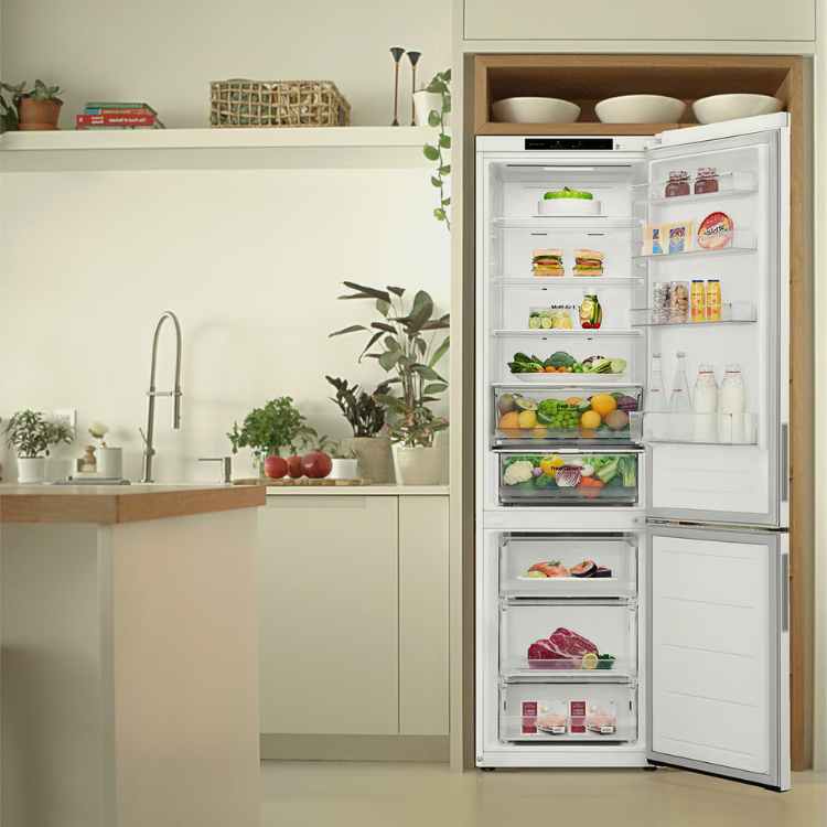 LG GBV21NCDSW 344L white combi fridge with open doors showing contents.