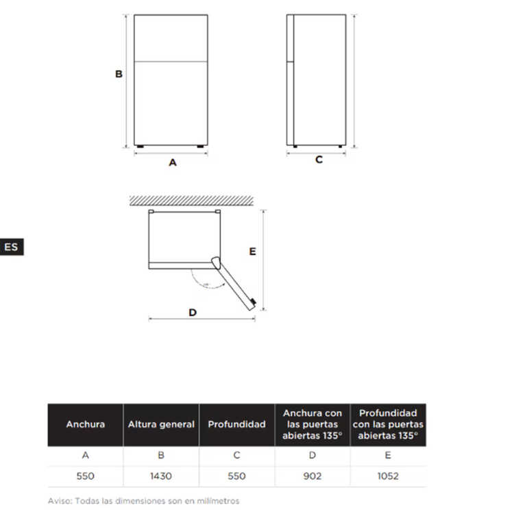 Frigorífico Combinado Midea MDRT294FGE01, dimensões: 550x1430x550mm, capacidade 204L, classe E.
