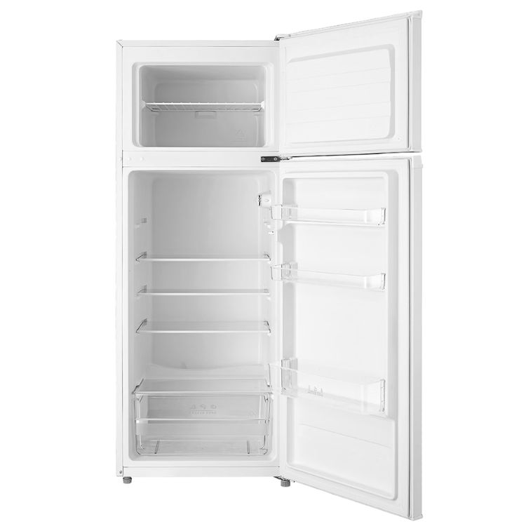Frigorífico combinado Midea MDRT294FGE01 204L branco, portas abertas mostrando interior vazio com prateleiras.
