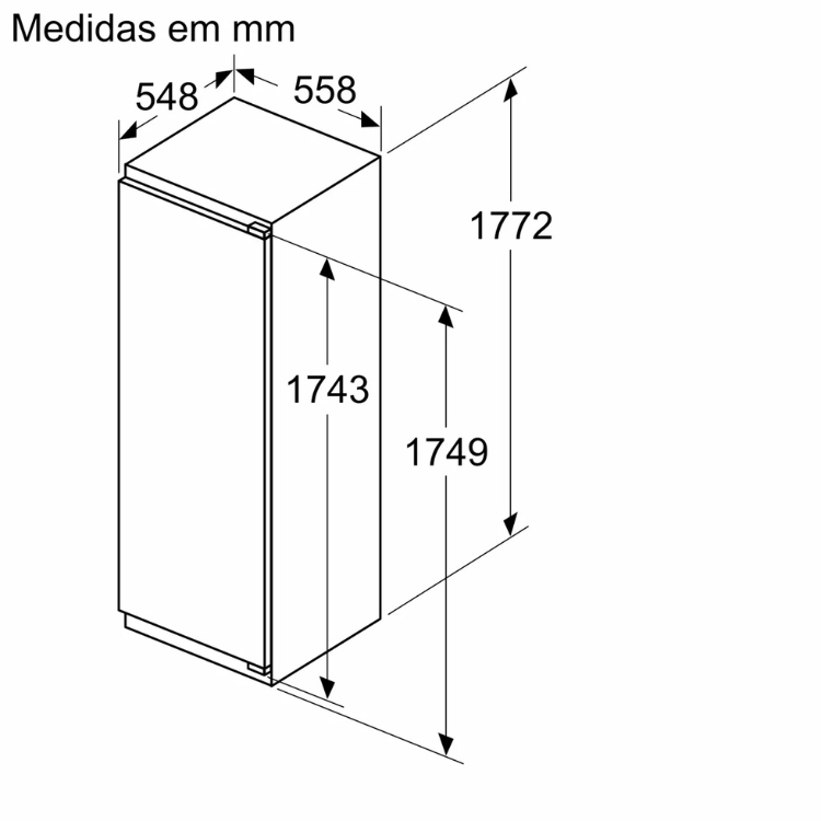 Siemens KI81RADD0 fridge dimensions diagram, 310L, white, built-in, 1772mm height, 558mm width, 1749mm depth.