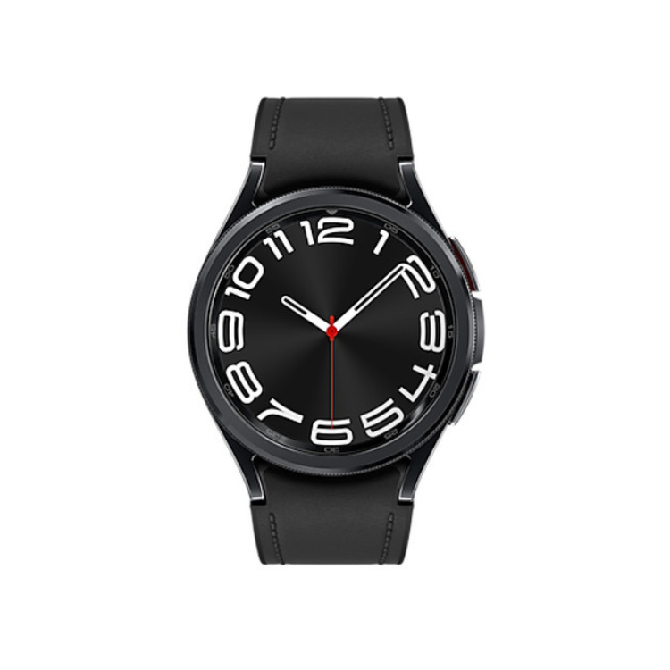 Smartwatch Samsung Galaxy Watch6 Classic 43mm preto com pulseira preta e mostrador preto com números brancos.