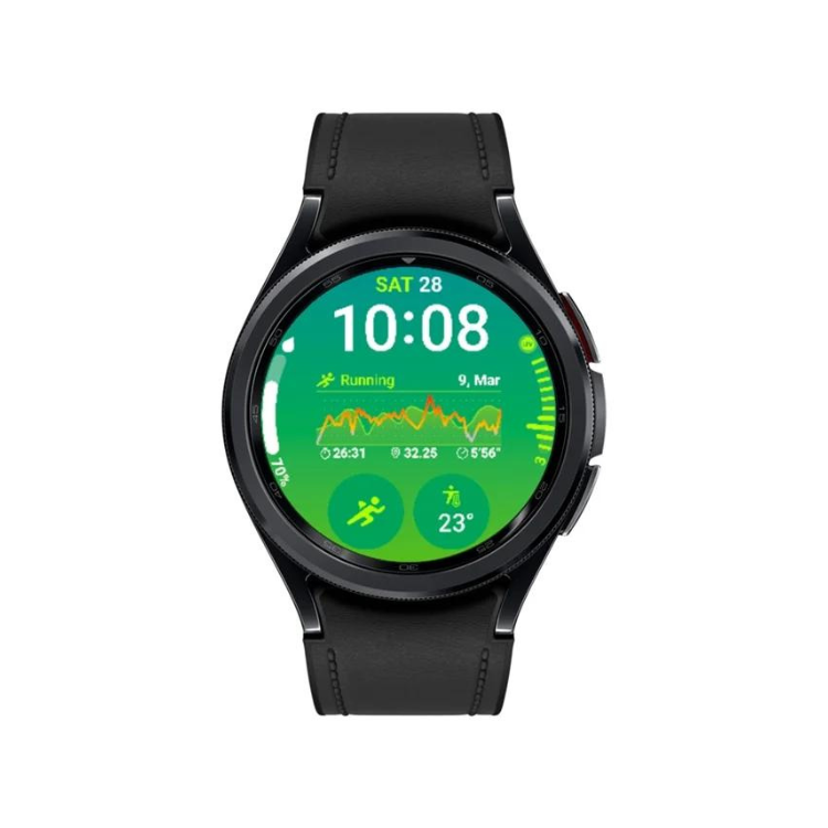 Smartwatch Samsung Galaxy Watch6 Classic preto 43mm com ecrã verde e pulseira preta.