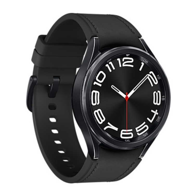 Smartwatch Samsung Galaxy Watch6 Classic 43mm LTE Preto com pulseira preta e mostrador preto com números brancos.