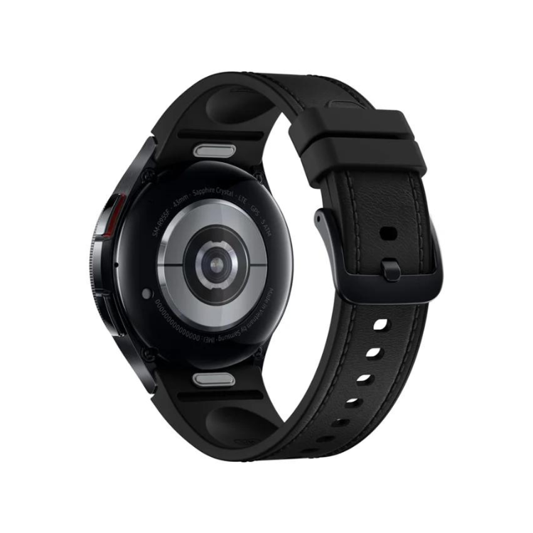 Smartwatch Samsung Galaxy Watch6 Classic 43mm LTE Preto, pulseira de couro preto, mostrador redondo com detalhes cromados.