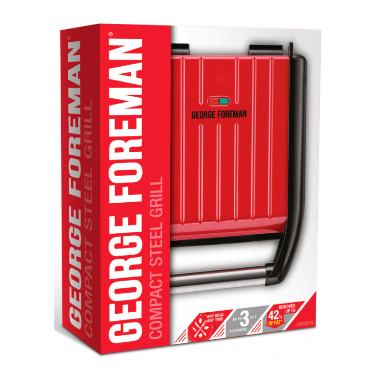 Red George Foreman compact steel grill box packaging with product image.