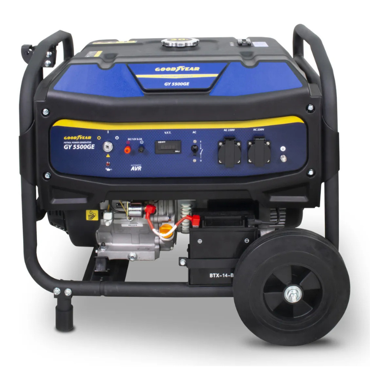 Goodyear GY5500GE generator, blue and black, 5.5 kW, with control panel and wheel.