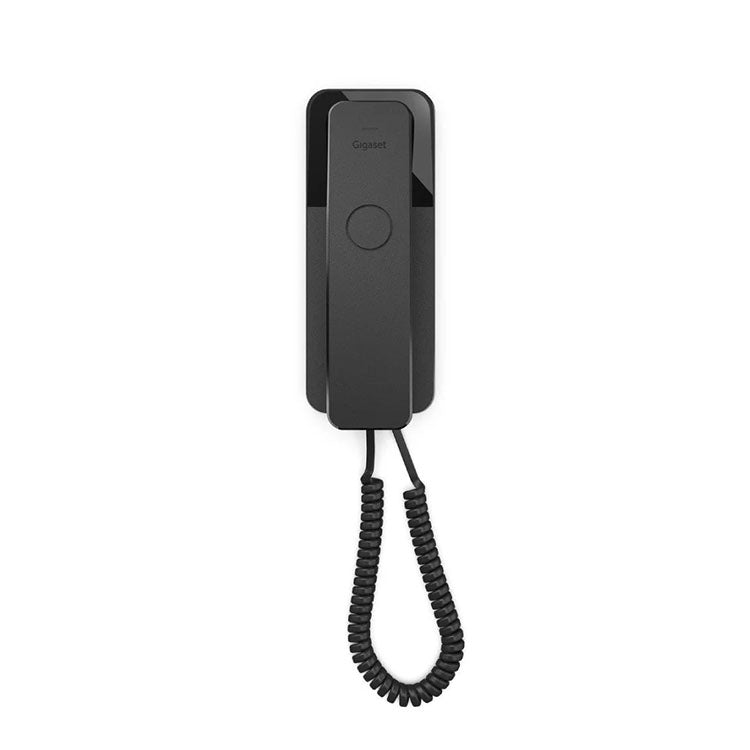 Telefone Gigaset Desk 200 preto, com cordão espiral.