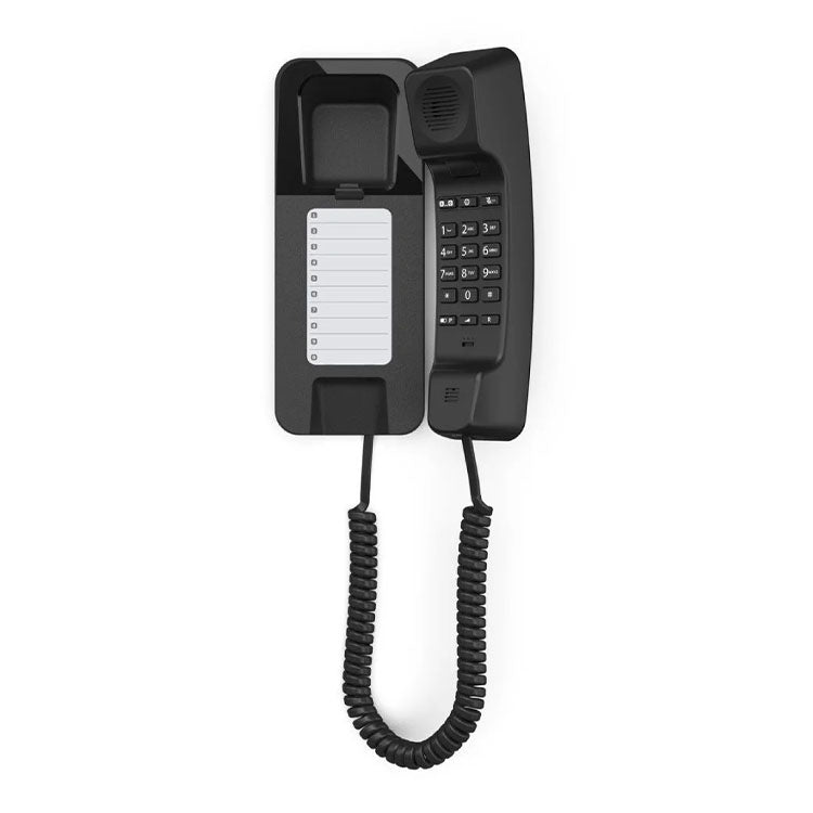 Telefone Gigaset Desk 200 preto, com teclado e auscultador.