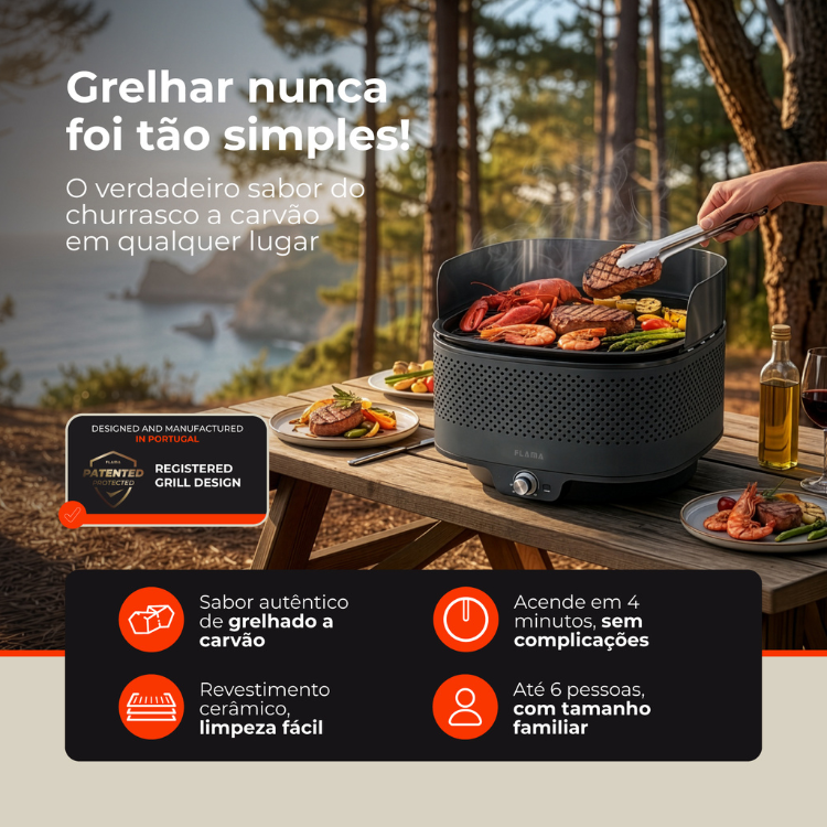 Grelhador a carvão Flama Mastergrill EVO 4011FL preto com alimentos grelhados em cima, ao ar livre.