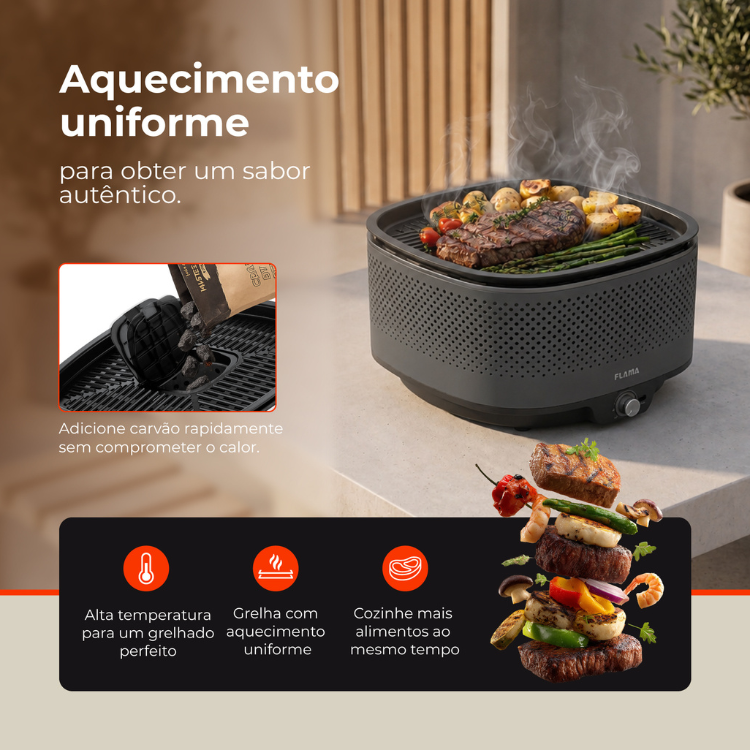 Grelhador a carvão Flama Mastergrill EVO 4011FL preto com alimentos grelhados.