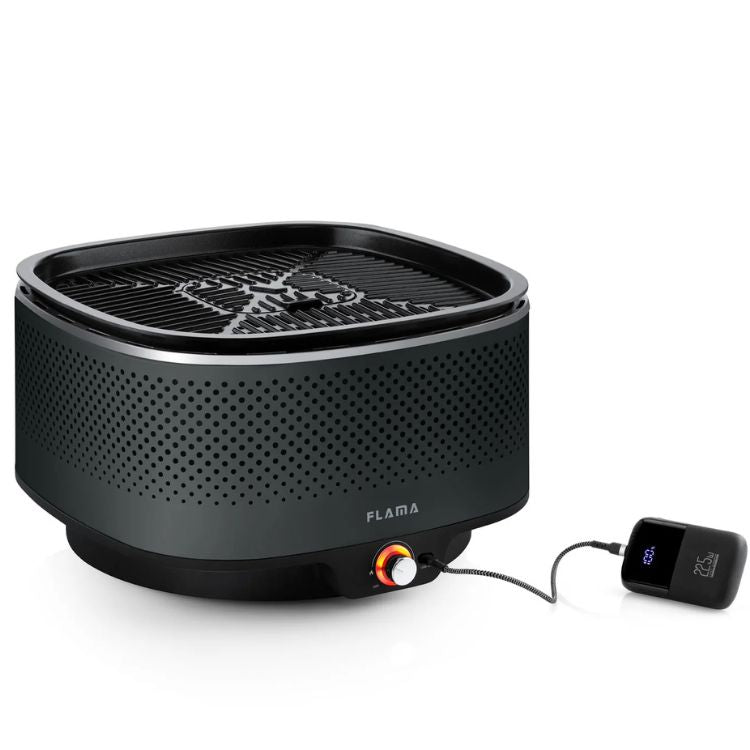 Grelhador a carvão Flama Mastergrill EVO 4011FL preto com controlo eletrónico de temperatura.