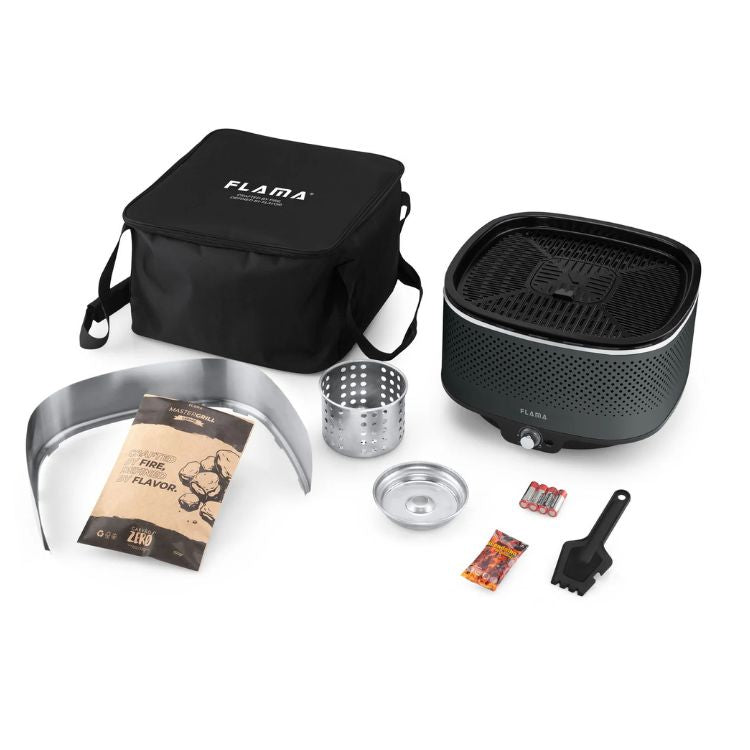 Grelhador a carvão Flama Mastergrill EVO 4011FL preto com bolsa e acessórios.