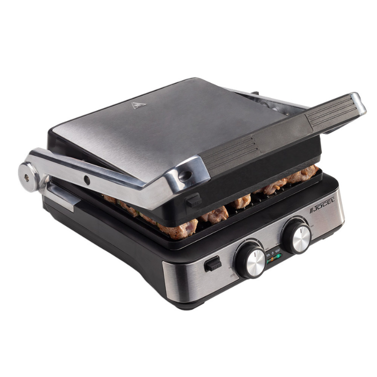 Black Jocel electric grill with 2000W, open showing meat on grill plates.