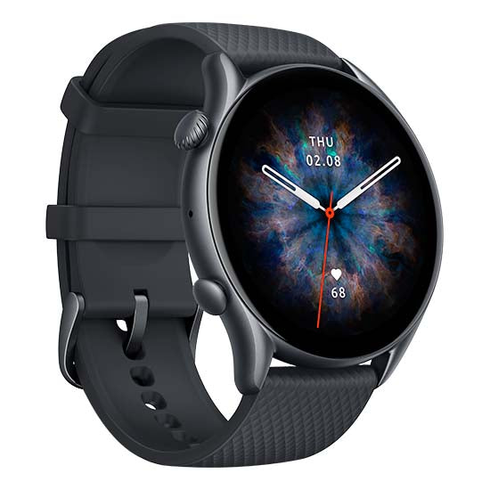 Smartwatch Amazfit GTR 3 Pro preto com ecrã de 1.45 polegadas e pulseira preta, mostrando o dia e a hora.