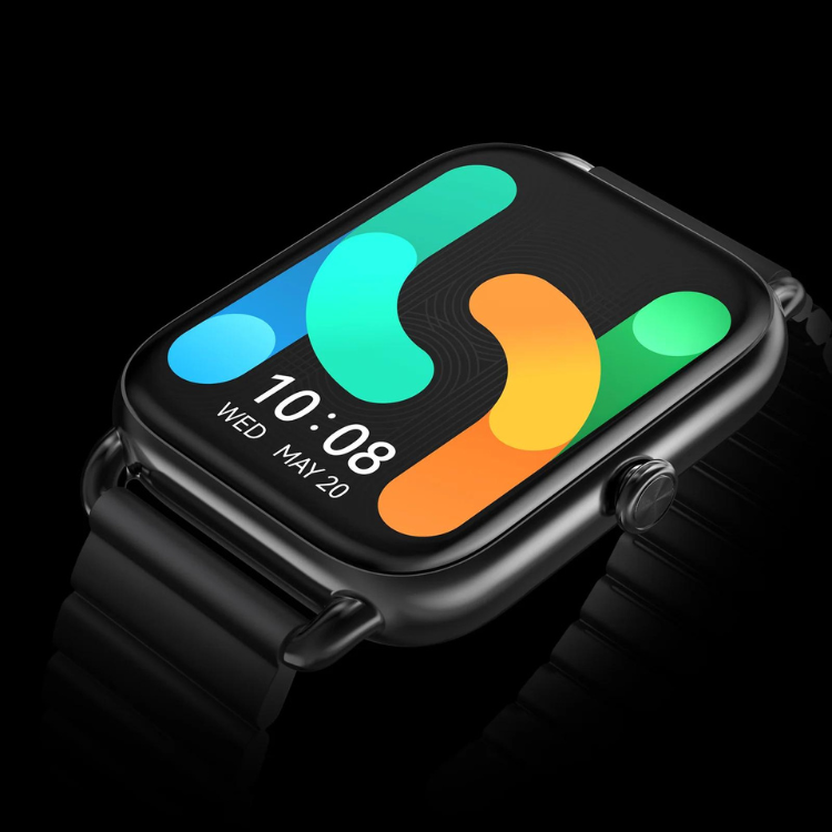 Smartwatch Haylou RS4 Plus LS11 Preto, pulseira preta, ecrã digital com data e hora.
