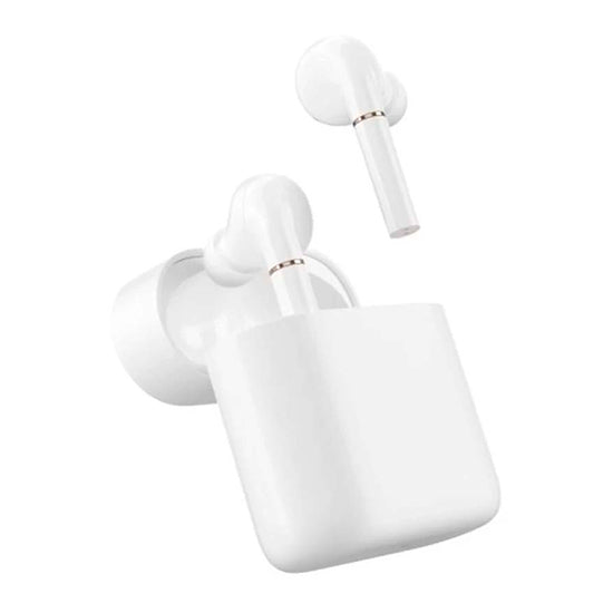 Auriculares Bluetooth Haylou T19 TWS brancos, com caixa de carregamento e dois auriculares sem fios.