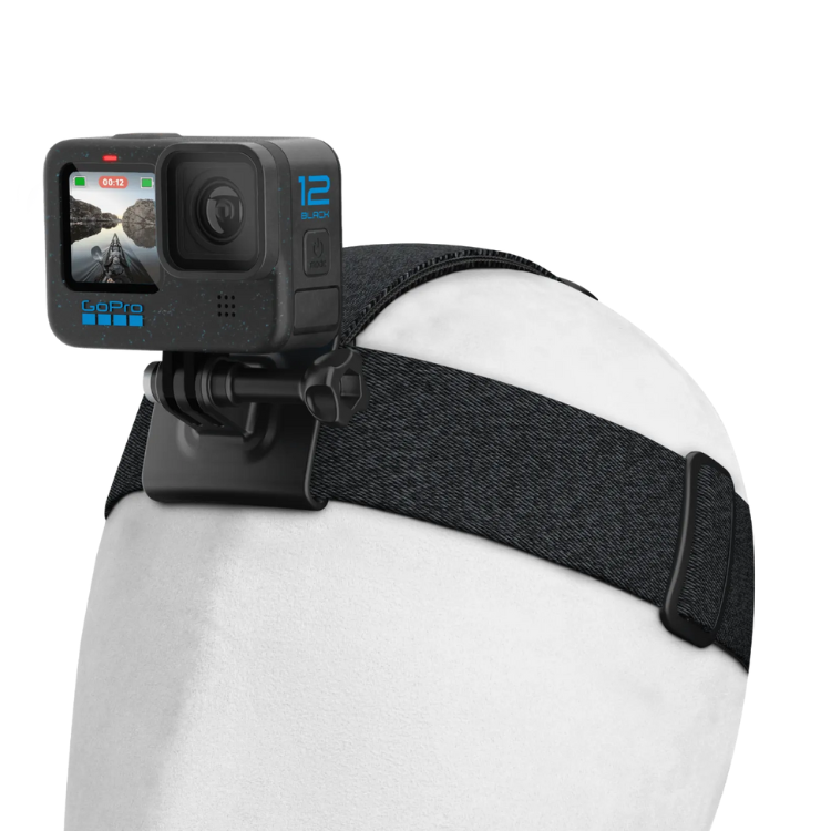 GoPro 12 Black camera on head strap, attached to white surface.
