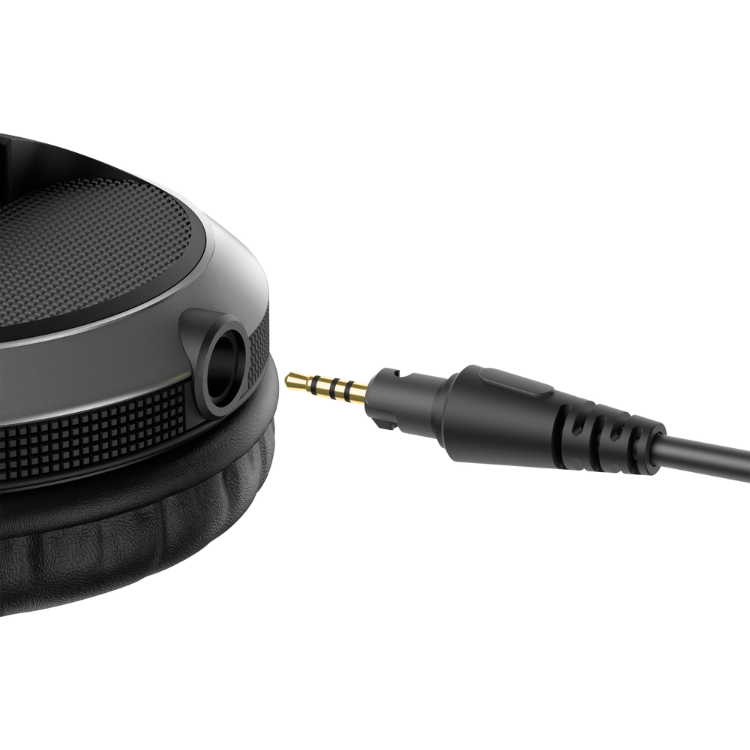 Pioneer DJ HDJ-X5-S silver headphones with audio cable and gold-plated connector.