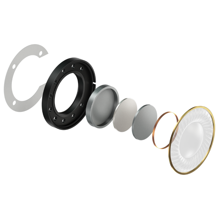 Pioneer DJ HDJ-X5-K Preto headphones disassembled, showing components including black outer rim, metal and plastic parts, and gold-rimmed driver.