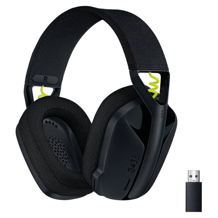 Black Logitech G435 wireless gaming headset with USB receiver.