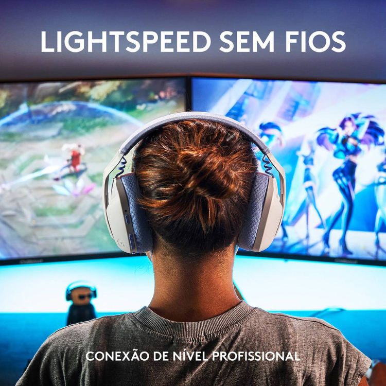 Black Logitech G435 Lightspeed wireless gaming headset on a person.