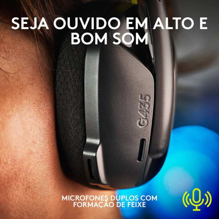 Black Logitech G435 wireless gaming headset on person's ear