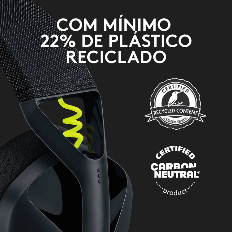 Black Logitech wireless gaming headset with 40mm drivers, recycled content, carbon neutral.